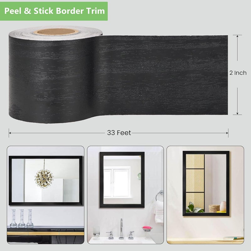 SICCOMA 10M Black Mirror Border Wood Grain Wallpaper Border Tape Removable PVC Peel and Stick Bathroom Mirror Frame Border Tape (Black, 2Inch x 33FT) - Image 4